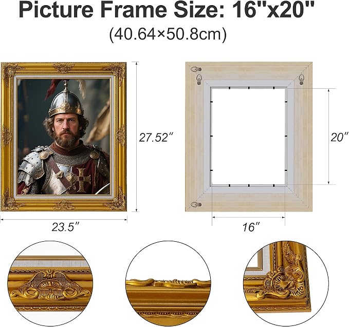 Classic 16x20 inch Picture Frames: Ornate Gold 20x16 Poster Frames for Canvas Photo Painting, Artwork, Wooden Antique Gallery Wall 16 x 20 Frames without Acrylic Glass and Backing