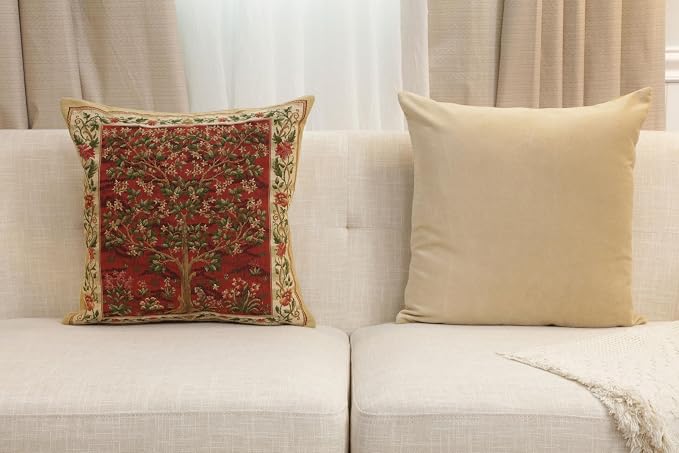Charlotte Home Furnishings Inc Tapestry Red Tree of Life Throw Pillow Covers 18x18, European 100% Cotton Jacquard Woven Fabric, Boho & Vintage Inspired Decorative Cushion for Living Room and Sofa