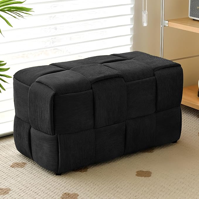 Cmishe 28" Rectangular Woven Corduroy Ottoman Footrest - Large Modern Entryway Bench & Bed End Stool, Sturdy Wood Frame, No Assembly (Black-L)