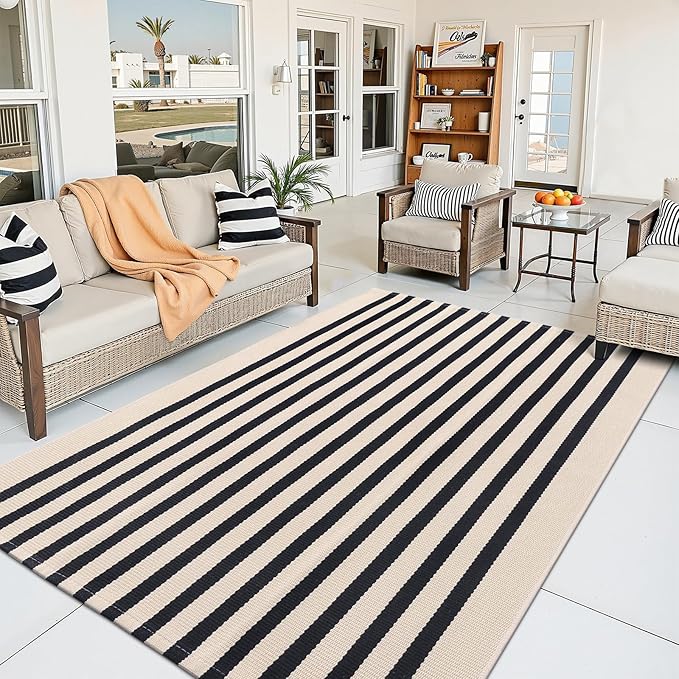 OLANLY Beige and Black Striped Rug 4' x 6' – Washable Cotton Doormat for Indoor Outdoor Use, Layered Front Porch Rug for Entryway, Kitchen, Patio