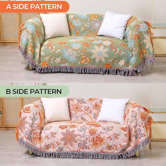Boho Fall Throw Blanket for Bed,100% Ultra Cotton Soft Breathable Bed Throw Floral Decorative Cottage Farmhouse Decor Rustic Jacquard Bed Throws for Couch Sofa Quilt 60" x 80"-Orange& Sage Green