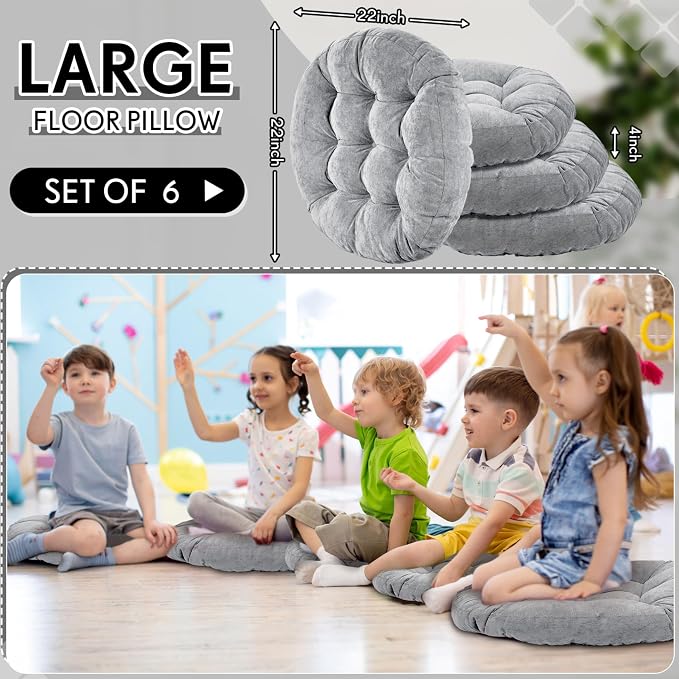 Jerify 6 Pcs Floor Pillow Cushions Large Round Square Large Meditation Floor Pillow for Classroom Adult Meditation Picnic Party Seating Learning Daycare School (Round,Light Gray)
