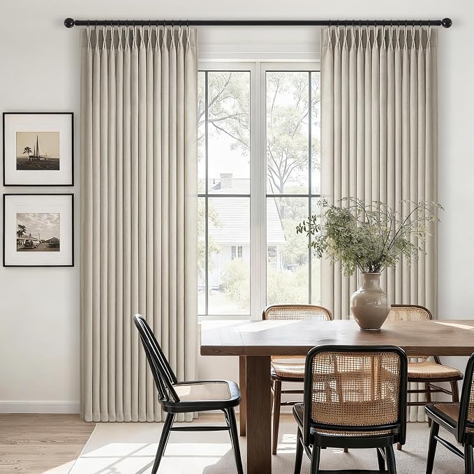 Pinch Pleated Linen Curtains 96 Inches Long for Living Room Bedroom 2 Panels Light Gray Beige Thick Linen Textured Light Filtering Back Tab Pinch Pleat Hooks Rings Semi Sheer Curtain Drapes Rustic 8FT