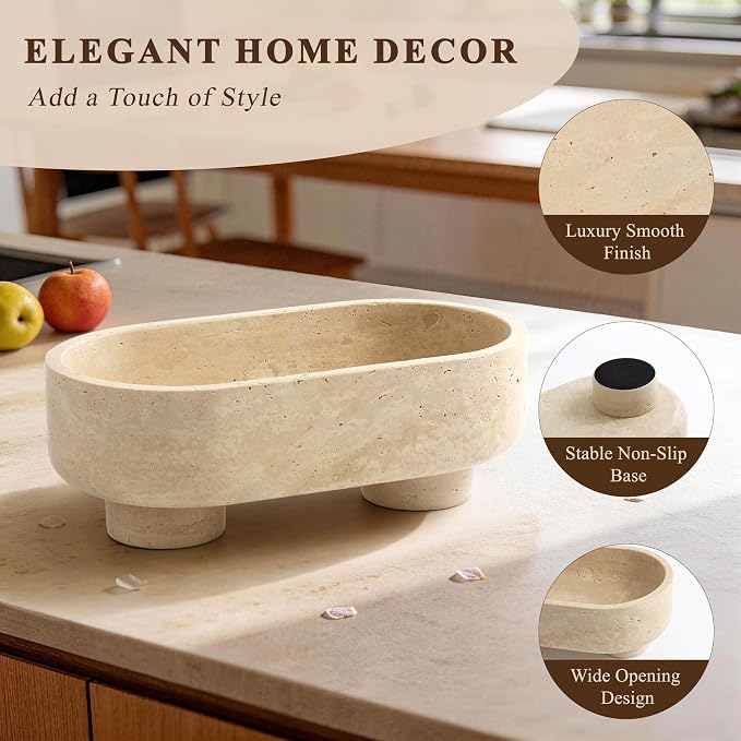 Natural Oval Travertine Stone Fruit Bowl, Two-Legged Decorative Bowl Beige | 10" Large Handcrafted Marble Catchall Bowl for Home Decor. Fruit Basket Bowl, Entryway Bowl, Pedestal Bowl for Dining Table