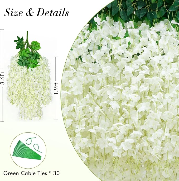60 Pack White Wisteria Hanging Flowers, Fake Hanging Flowers for Decoration, Artificial Hanging Flowers, Vines for Bedroom, Flower Garland for Home, Party, Garden, Wall, Wedding Decoration(3.6 Ft/Pcs)