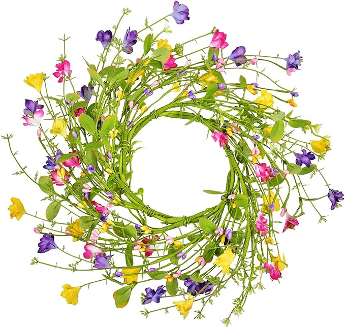 LSKYTOP Artificial Flower Wreath with Green Leaves Berries Wildflower Spring Summer Wreath for Front Door Wall Wedding Decor,12inch (1)