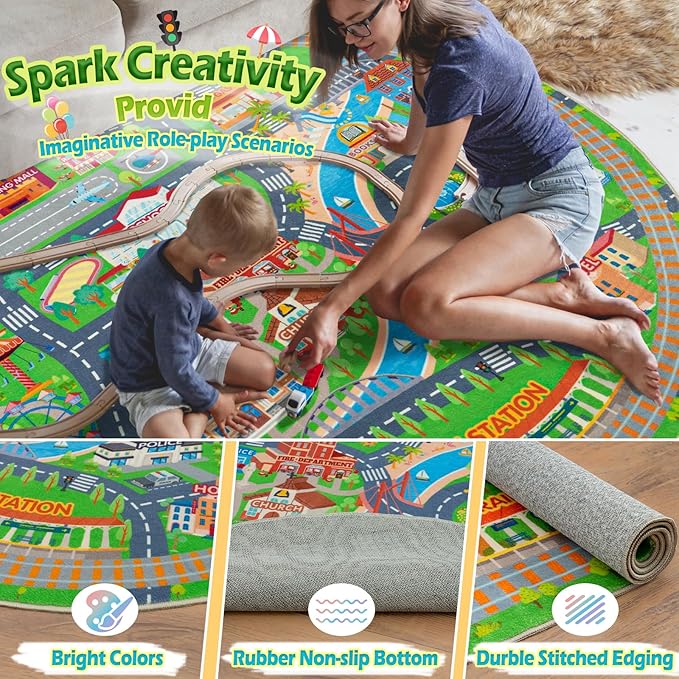 Car Rug Play Mat for Kids Toy Cars, Road Traffic Playmat for Kid Bedroom, Non-Slip Machine Washable Town City Race Track Carpet for Learn and Have Fun Round 72"