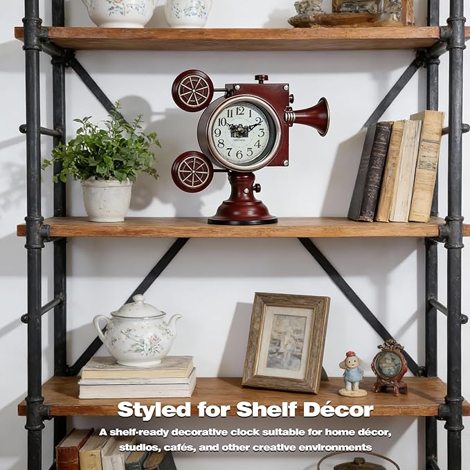 AYRELY® Vintage Industrial Film Projector Mantel Clock, Battery Operated Metal Shelf & Table Clock, Retro Home Décor Gift for Film Lovers, Living Room, Fireplace & Media Room