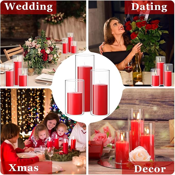 Shihanee Set of 3 Pillar Candles and 3 Glass Cylinder Candle Vases Holders Clear Pillar Jars for Wedding Centerpieces(2.6'' X 4.7'', 5.9'', 7.9'',Red)