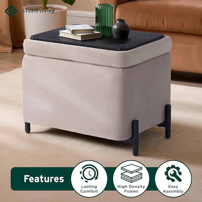 Studio Living® Connor 24" Small Storage Ottoman, Modern Boho, Matte Black Metal Legs, Velvet Fabric, Taupe