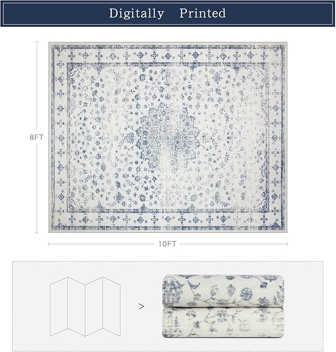 Srugn Washable Rugs 8x10 Area Rugs for Living Room,Rugs for Bedroom,Large Carpets,Ultra Soft Faux Wool Retro Dining Room Rug,Non Slip&Non-Shedding Low Pile Vintage Print Rug for Home Office-Blue