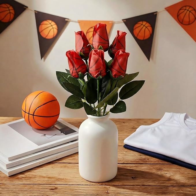 Suhine 6 Pcs Artificial Basketball Rose Flowers Sports Party Favors Bulk for Birthday Graduation Wedding Party Decoration Table Centerpieces Mom Team Coach Senior Night Gift(Basketball Color, Normal)