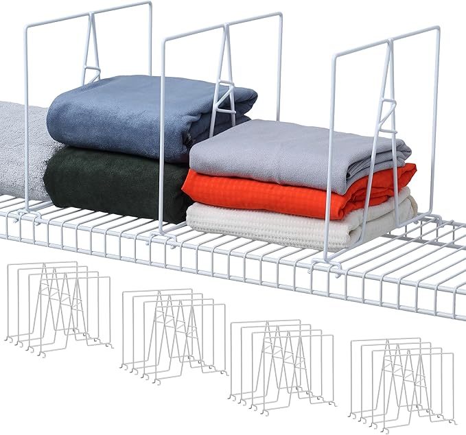 Wire Shelf Dividers - White Closet Organization & Storage Organizer - No Tool Shelf Divider for Wire Shelves - Metal Shelf Accessories – for 12“ Deep Wire Shelves – Tall 12” Height – 10 Pack