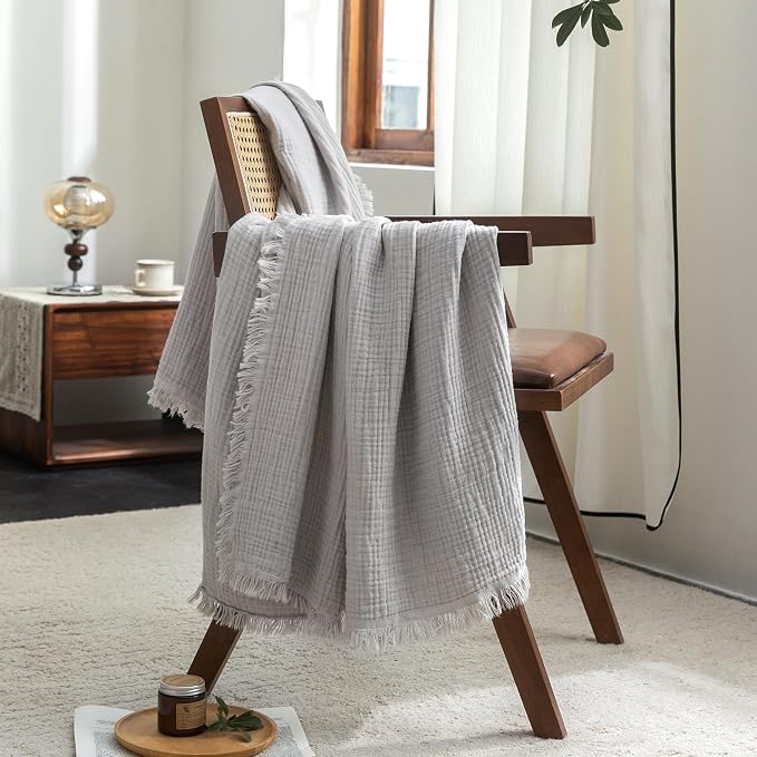 FOSSA Muslin Blanket 4-Layer 100% Cotton Gauze Blanket with Fringe 108"x98" | Super Soft Breathable Lightweight All Season & Decorative Blanket or Bed, Sofa, Office (Grayish,Super King)