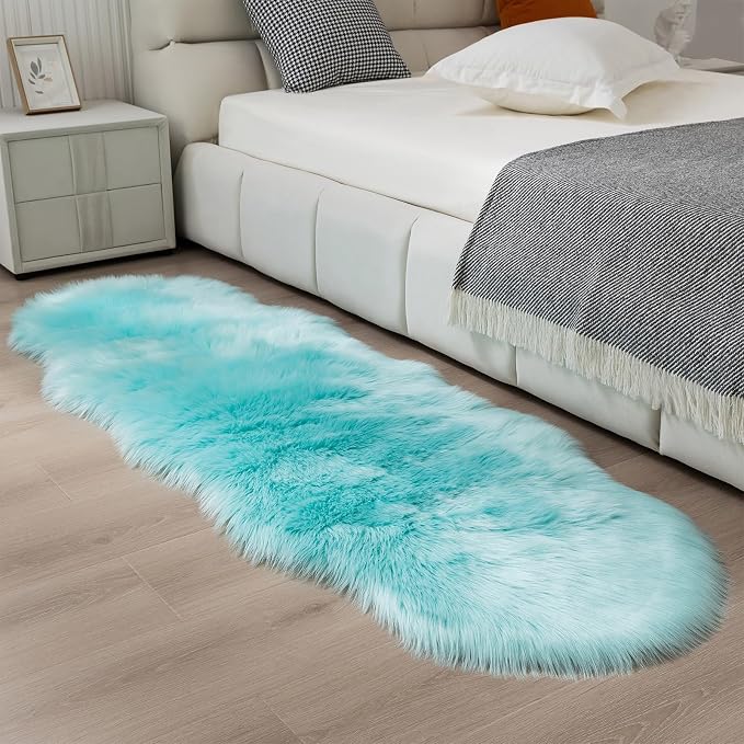 Faux Fur Sheepskin Runner Rug Blue 2x6 ft Ultra Soft Shaggy Plush Fluffy Fuzzy Area Carpet Decorative Chair Cover Floor Mat for Bedroom Sofa Living Room Bedside