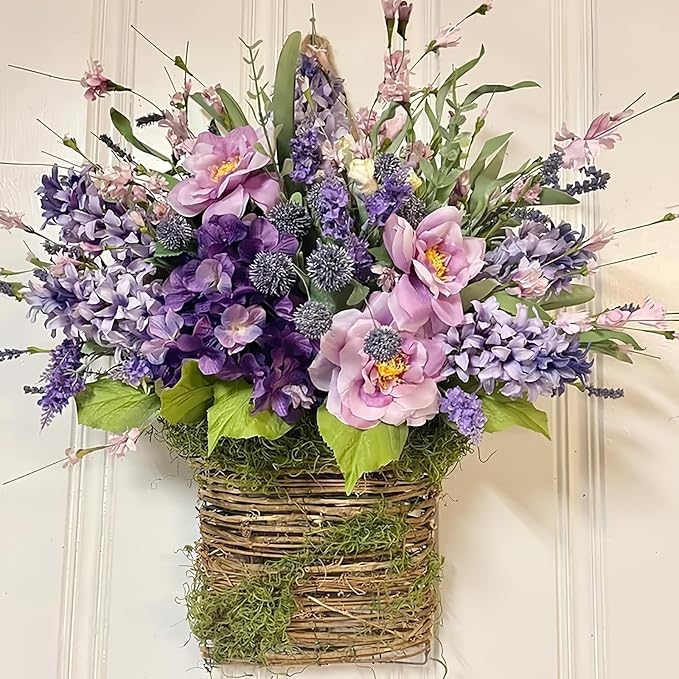 2026 Cream Hydrangea Door Hanger Basket Wreath, Spring Summer Wreaths for Front Door Wildflowers Front Door Basket Wreath Artificial Flower Hanging Basket for Home Farmhouse Seasonal Decor (B)