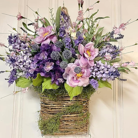 2026 Cream Hydrangea Door Hanger Basket Wreath, Spring Summer Wreaths for Front Door Wildflowers Front Door Basket Wreath Artificial Flower Hanging Basket for Home Farmhouse Seasonal Decor (B)