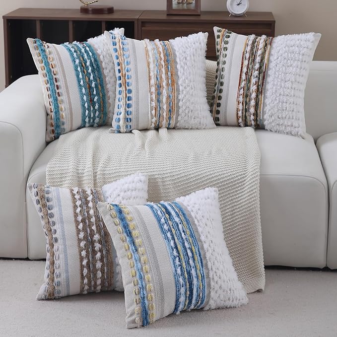 Boho Throw pillow covers 18x18 set of 2 farmhouse decorative Couch pillow covers neutral Accent throw pillows covers striped outdoor cushion covers square textured chenille pillow cases for sofa bed