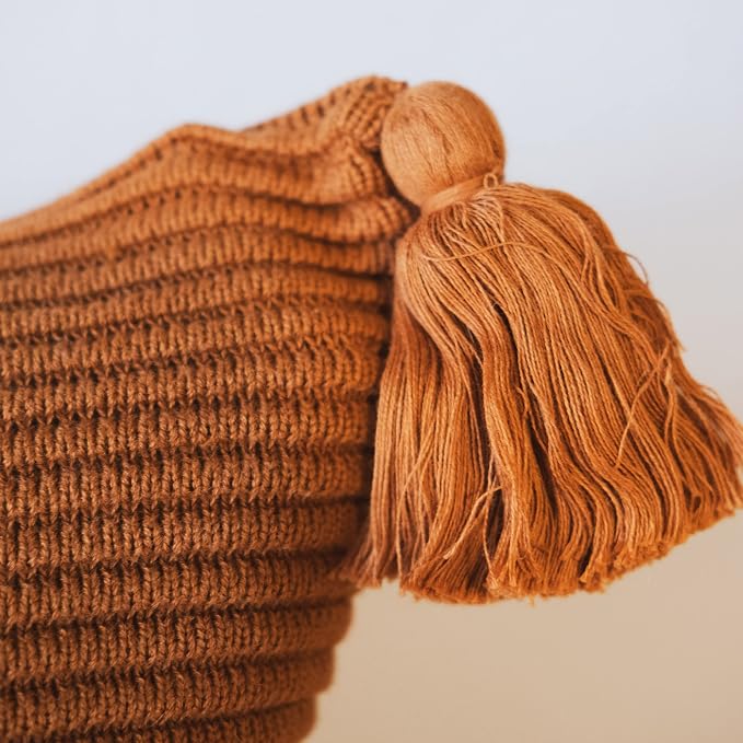 Soft Cotton Throw Pillow Cover with Ribbed Knit Texture and Tassel Corners Decorative Accent for Couch or Bed (20x20, Burnt Orange)