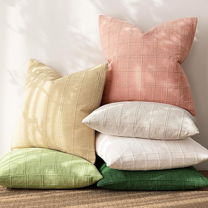 Foindtower Set of 2 Decorative Linen Check Throw Pillow Covers Neutral Farmhouse Vintage Cushion Covers Modern Boho Accent Home Decor for Sofa Chair Couch Bedroom Living Room,18×18 Inch,Coral Pink