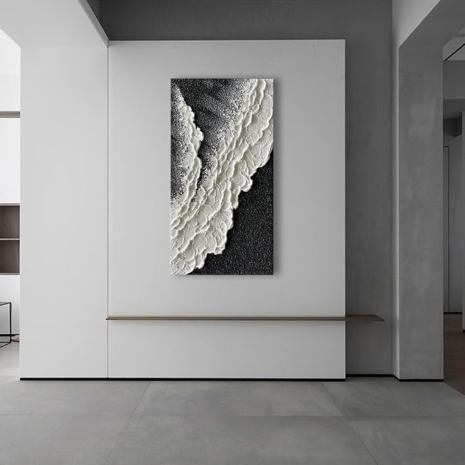 NANKAI 24x48 Inch Hand Painted 3D Ocean Wave Landscape Oil Painting Black and White Abstract Canvas Art Mural Family Wall Decoration Art