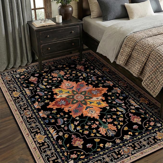RELEANY Area Rugs 5'x7' Washable Non-Slip, Floral Vintage Distress Print Pattern Medallion Carpet for Living Room Bedroom Dining Room, Black Colorful Floral Dark Tan