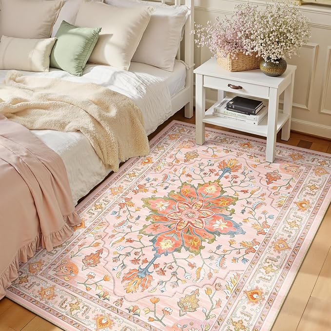 RELEANY Area Rugs 3'x5' Washable Non-Slip, Floral Vintage Distress Print Pattern Medallion Carpet for Living Room Bedroom Dining Room, Light Pink Colorful