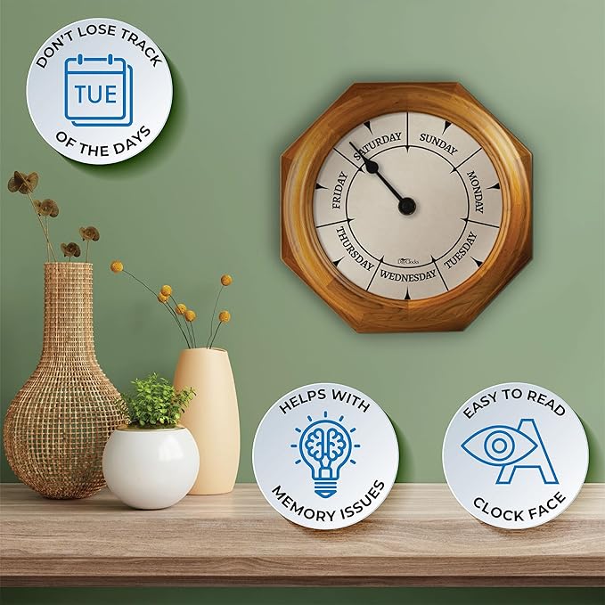 Classic Day of The Week Wall Clock - 10" Solid Oak Wood Frame, Ideal Retirement Gift for Men and Women, Day Clock for Seniors and Retirees