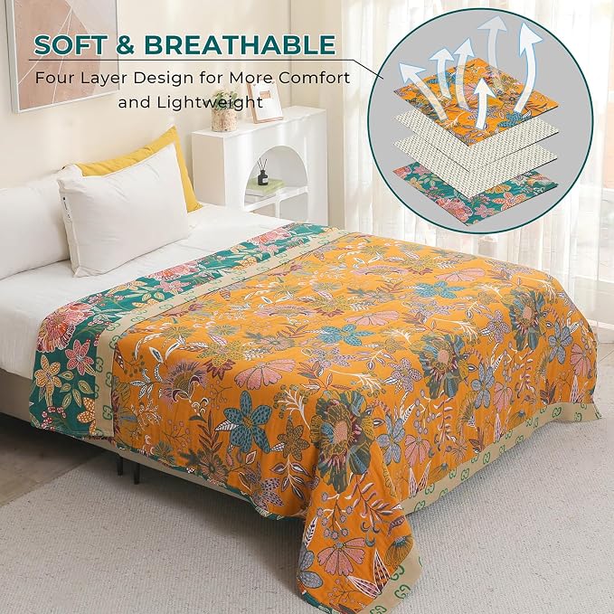 100% Cotton Boho Throw Blanket,4-Layer Gauze Woven Breathable Soft Muslin Blanket with Vintage Floral Design & Yellow/Green,Lightwight Breathable Decor Blanket, Perfect as Bed Sofa Quilt 60" x 80"