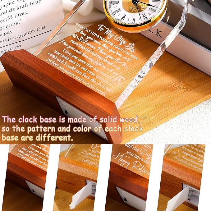 Gifts for Wife from Husband - Crystal Clock with Wooden Light Base, Christmas, Birthday, Wedding Anniversary Wife Gifts Ideas, to My Wife Plaque Presents for Valentine's Mother's Day