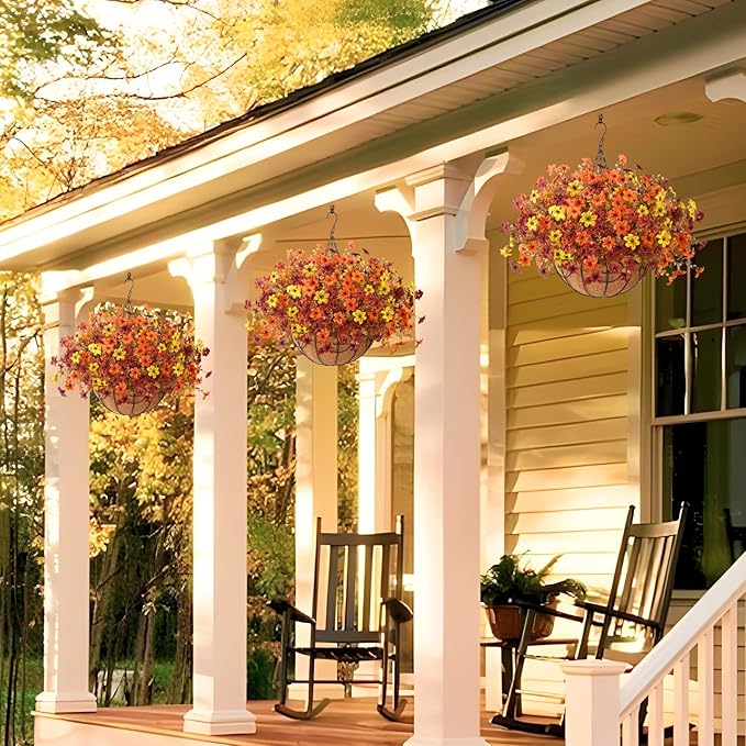 Artificial Flowers Fall Hanging Basket Plants for Outdoor Decorations, Fake Mums Faux Silk Flower UV Resistant Autumn Decor for Outside Garden Patio Front Porch Balcony Window (Orange Yellow Brown)