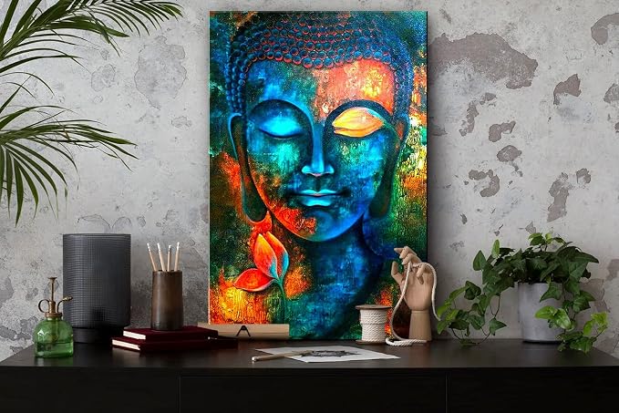 Zen Wall Art Colorful Buddha Wall Decor for Living Room Buddhism Pictures Painting Abstract Lotus Flower Canvas Prints Blue Religious Poster Artwork Bedroom Meditation Room Yoga Home Decoration 24x36"