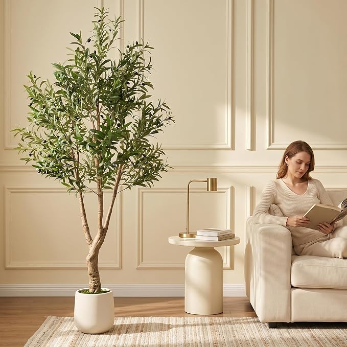 LYLYFAN Olive Tree Artificial Indoor 7FT Faux Olive Tree with White Tall Planter, Fake Olive Tree with Realistic Branches and Lifelike Fruits for Home Office Decor