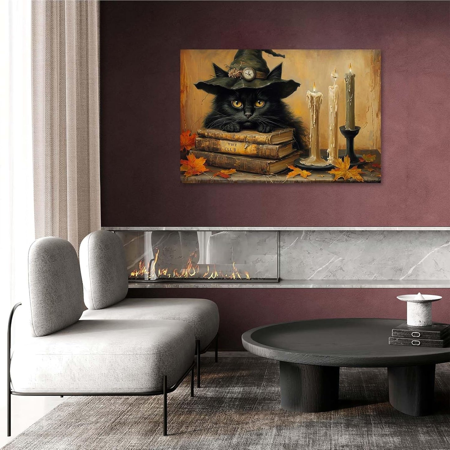 JFHCQJPK Vintage Halloween wall decoration black cat and magic book suitable for home bedroom living room decoration dark classic art witch wall decoration12x16in Frameless