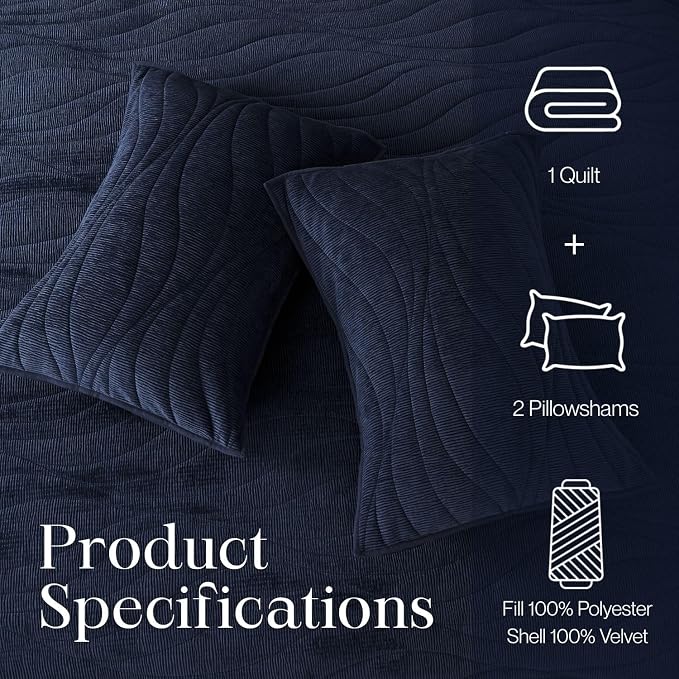 DOWN HOME Crinkle Textured Velvet Quilt Set with Shams, All-Season Luxury Modern Bedding,Easy Care Comforter,Ultra-Soft,Lightweight & Breathable, King, Imperial Blue