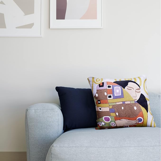 Klimt Embrace Modern Pillow Cover Art Nouveau Pillowcase Chair Cushion Contemporary Pillowsham Modern Outdoor Pillows Mid Century Chair Cushions Hand Embroidered Wool Size 18x18