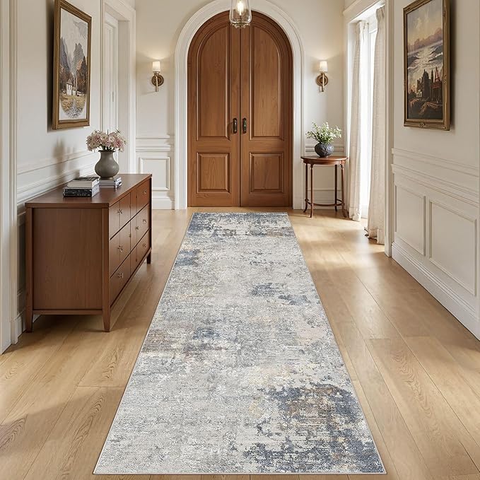 UERMEI 3X10 Washable Runner Rug for Hallway: Soft Neutral Modern Abstract Area Rug - Non-Slip Low Pile Long Throw Indoor Carpet for Kitchen Entryway Kitchen Bedroom Laundry - Blue Grey