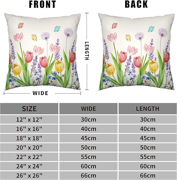 Summer Floral Throw Pillows Cover 18x18 Set of 2 Pink Tulip Flower Pillow Covers Lavender Dandelion Butterfly Decorative Pillow Case for Farmhouse Patio Sofa Couch