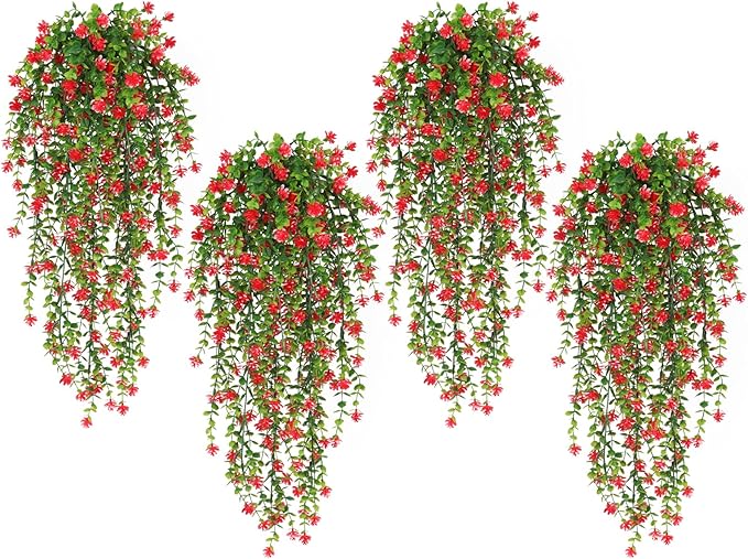 SJL Artificial Hanging Plant 4pcs Fake Hanging Plants Greenery Decor Plastic Flower Artificial Plants Indoor Fern Ivy Leaves Flowers Real Touch Stem for Wedding Party Outside Home (Red)