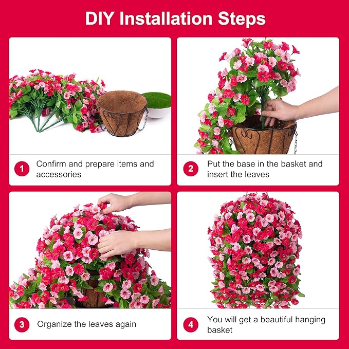 INXUGAO Artificial Flowers with Hanging Basket, Outdoor Faux Plants Silk Morning Glory Vines, Fake Green Arrangement for Garden Patio Spring Summer Decor(4pcs,Hot Pink)