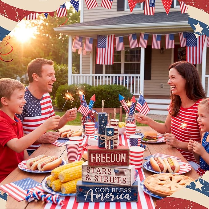 CroBlissful 4 Pcs 4th of July Decorations Patriotic Memorial Day Tabletop Decorations Red White Blue Table Centerpieces Sign for Office Tiered Tray Home Shelf 250th Anniversary(Freedom)