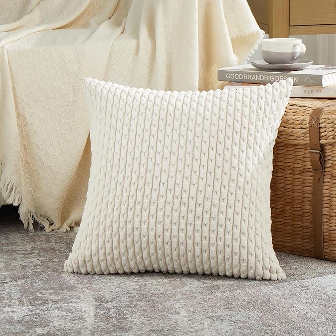 Fancy Homi 2 Packs Cream Decorative Throw Pillow Covers 22x22 Inch for Couch Bed Sofa, Modern Farmhouse Boho Home Decor, Soft Cute Plush Corduroy Cushion Case 55x55 CM