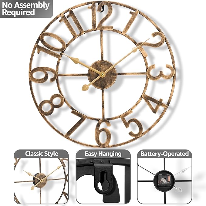 Sorbus Large Wall Clock for Living Room Decor - Wall Clock for Kitchen - 16 inch Big Wall Clock Decorative - Metal Wall Art - Analog Large Clock for Bedroom, Home, Kitchen, Office, Wall Decor (Bronze)