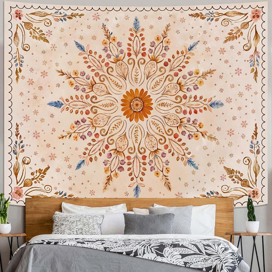 Fowocu Boho Floral Mandala Tapestry for Bedroom Aesthetic Watercolor Bohemian Flower Wall Tapestry Brown Beige Hippie Indian Extra Large Tapestries Wall Hanging for Living Room Dorm Decor 90 x 68 Inch