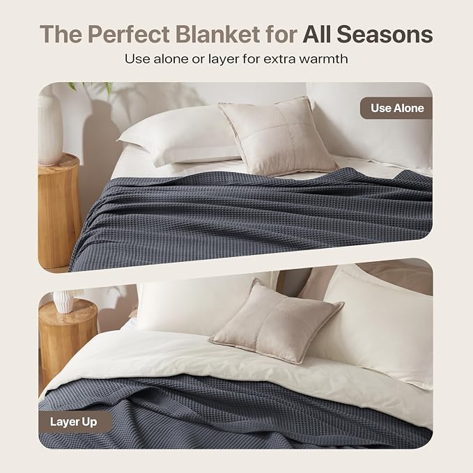 Madison Park 100% Cotton Blanket, Trendy Woven Waffle Weave Design, All Season, Lightweight, Breathable, Soft and Cozy Casual Summer Cover, for Bed, Couch and Sofa, King (108 in x 90 in), Dark Grey