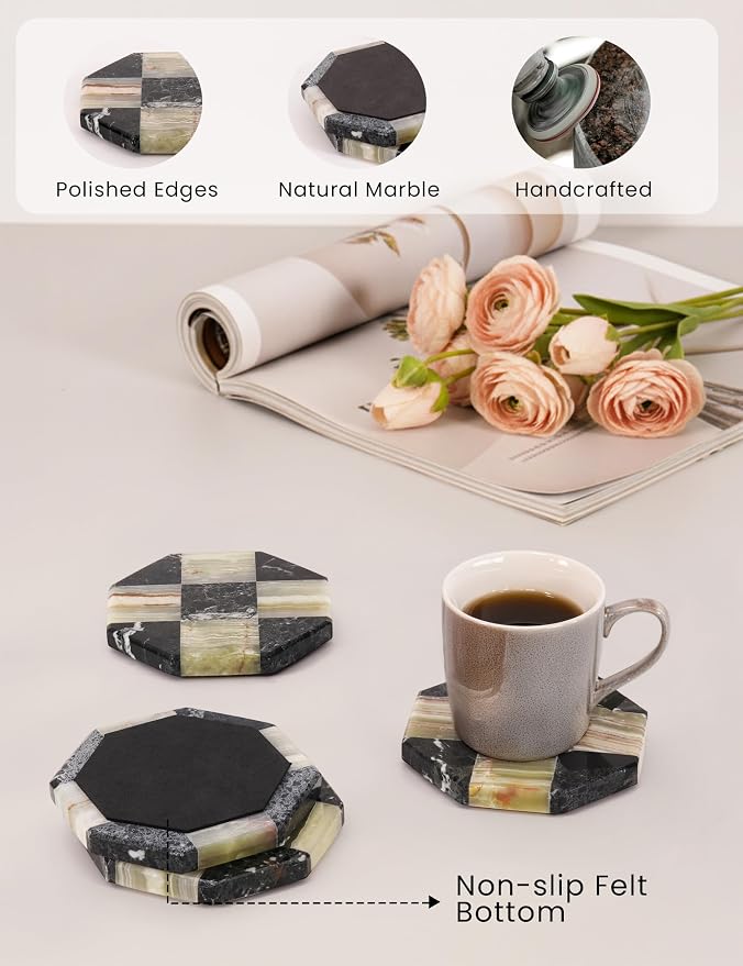 Marble Coasters Set of 4, Zebra Black & Green Handmade 4 inch Star Natural Marble Coaster, Elegant Drink Checkered Coasters for Coffee Table, Stylish Bar Accessories & Home Décor
