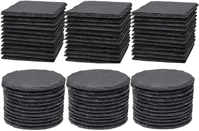 60 Pack 4 Inch Slate Coasters,Black Blank Slate for Laser Engraving,Square & Round Slate Coasters Bulk for Home & Bar Table Protection (30square+30round)