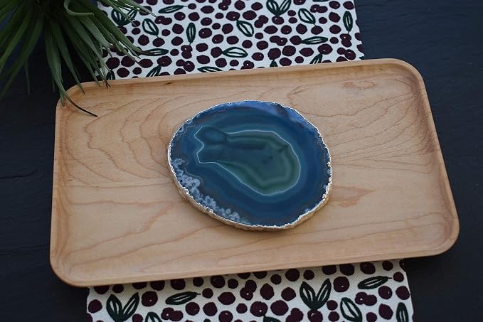 Nature's Decorations Teal Silver Rimmed Agate Stone Coasters - Set of 4, Polished Geode Drink Mats for Dining & Coffee Table & Kitchen Geode Decor Non-Toxic 3.5-4” Diameter