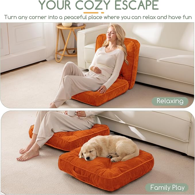 HIGOGOGO Large Floor Pillow Cushion for Adults, Meditation Cushion Pillow with Handle, Lustrous Chenille Tufted, Square Floor Sitting for Tatami Living Room or Yoga, 22x22 Inch, 2Pack, Orange