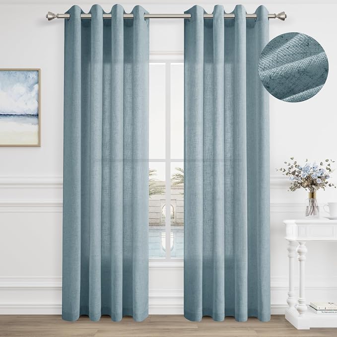 Aersas Blue Semi Sheer Linen Curtains 84 Inch Length 2 Panels Set for Living Room Grommet Light Filtering Drape Elegant Modern Neutral Dusty Blue Stone Blue Window Curtains 84 Inches Long for Bedroom